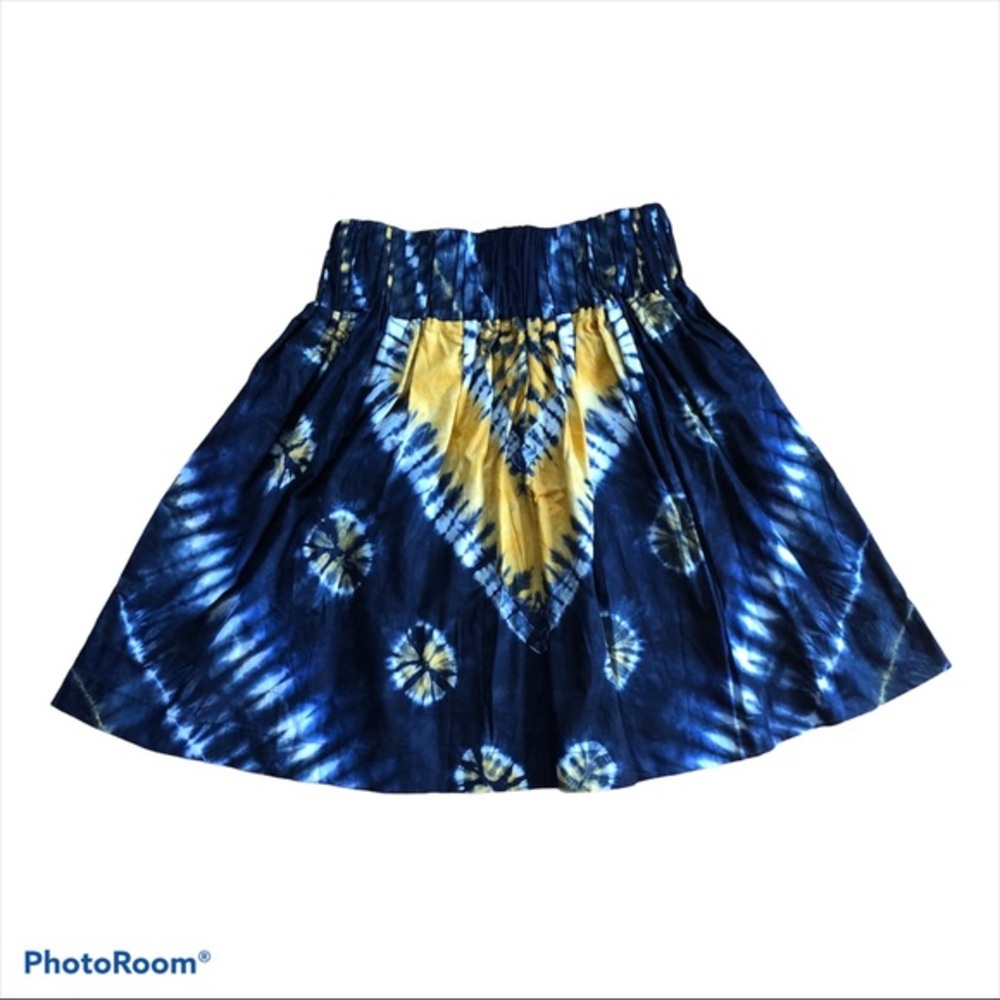 African Skirt Size 14W Indigo Yellow Tie Dyed Cotton Elastic High Gathered Waist